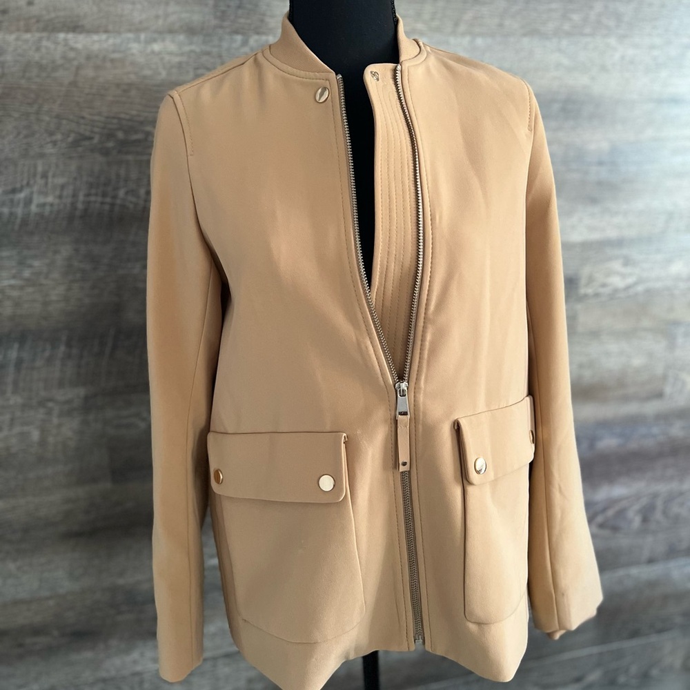 H&M‎ Jacket Salehm Tan Zippered Coat With Gold Button blazer jacket S size 4 - Picture 2 of 10